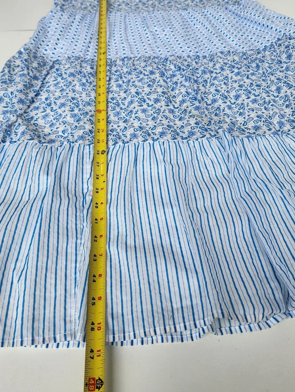 J. Crew Blue White Mixed Print Tiered Cotton Maxi Dress Paisley Striped Tie XL